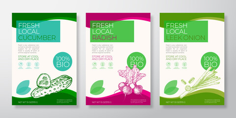 Wall Mural - Fresh Local Vegetables Label Templates Set. Vector Packaging Design Layouts Collection. Typography Banner with Hand Drawn Cucumber, Radish and Leek Onion Sketch Silhouette Background Isolated