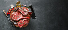 Fresh Raw Prime Black Angus Beef Steaks. Variety Of Raw Beef Meat Steaks For Grilling.