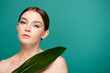 © LIGHTFIELD STUDIOS - young woman with creative makeup looking at camera near wet leaf isolated on green