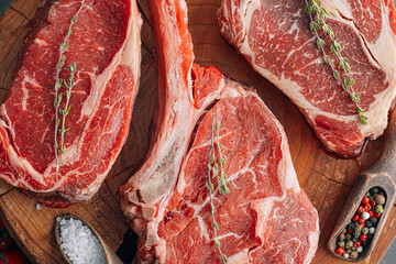 Fresh raw Prime Black Angus beef steaks. Variety of raw beef meat steaks for grilling.