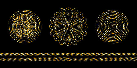Poster - Round golden dot frames set. Circle shapes made of gold foil spangles, hand drawn uneven dots, glittering beads, blobs, spots. Dotty abstract ornamental backgrounds, vector dotted border template.