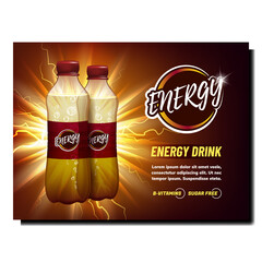 Sticker - Energy Drink Blank Bottles Promo Poster Vector. Energy Drink Containers And Sparkle Effect On Elegance Advertising Banner. Refreshment Juicy Beverage Style Concept Template Illustration