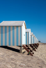 Striped Beach Cabins In Hardelot, France.