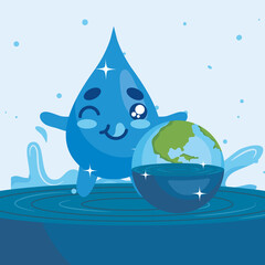 Poster - Water day with drop cartoon winking and world vector design