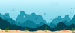 Sea underwater background. Marine sea bottom with underwater plants, corals and fishs. Panoramic seascape. Vector illustration.
