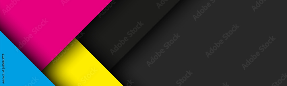 Black modern material background with overlapped sheets of paper in cmyk colors. Template for your business. Vector abstract widescreen background - obrazy, fototapety, plakaty 