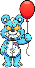 Evil Blue Teddy Bear Holding A Red Balloon. Vector Clip Art Illustration. All On A Single Layer.
