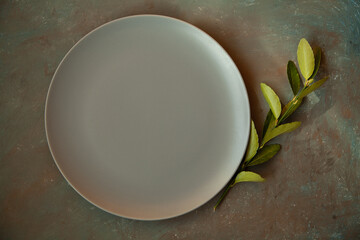 Empty plate on brown wooden background Copy space Top view - image