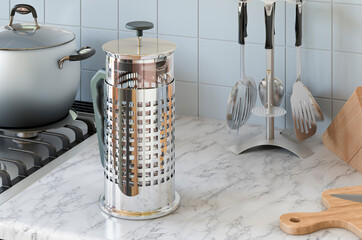 Poster - Press pot, French press on the kitchen table. 3D rendering