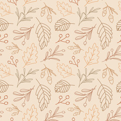 Seamless pattern of leafs and acorns. Vector  background. Autumn theme.