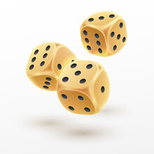 Three Golden Dice From Different Sides With Black Dots On White Background. Concept For Casino, Game Design. Vector Illustration For Card, Party, Flyer, Poster, Decor, Banner, Web, Advertising.