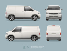 White Delivery Van Vector Template For Branding Mockup And Corporate Identity On Transport. Realistic Front And Back View Cargo Mini Van Vehicle Isolated On Grey Background. Service City