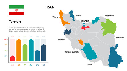Poster - iran map. vector image of a global map in the form of regions of iran regions. country flag. infogra