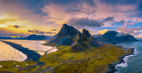 Wall Mural - Aerial View of the Eystrahorn with Krossanesfjall Mountain in Iceland at sunset