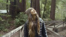 Young Woman Walking Around Redwood Forest Looking At Trees In Awe