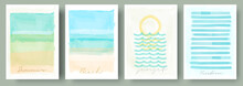 Watercolor Abstract Backgrounds, Vector , Beach, Sunset, Sea. Set Of Creative Minimalist Hand Painted Illustrations For Wall Decoration. Pastel Colors. Handwritten Inscriptions.