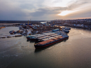 Aerial view of port and cargo ships in river Don, Rostov-on-Don