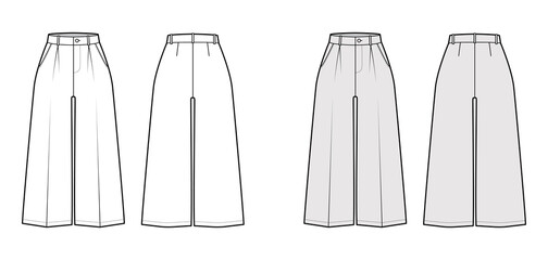 Wall Mural - Pants capri technical fashion illustration with normal waist, high rise, single pleat, mid-calf length, wide legs, seam pockets. Flat trousers template back, white, grey color. Women, men CAD mockup