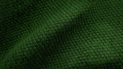 Wall Mural - close up texture dark green fabric of sackcloth drapery, photo shoot by depth of field for object. wavy soft and smooth green fabric background. macro view of cashmere fabric.