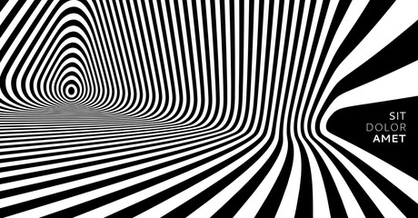 Poster - The geometric background by stripes. Black and white modern pattern with optical illusion. 3d vector illustration for brochure, annual report, magazine, poster, presentation, flyer or banner.