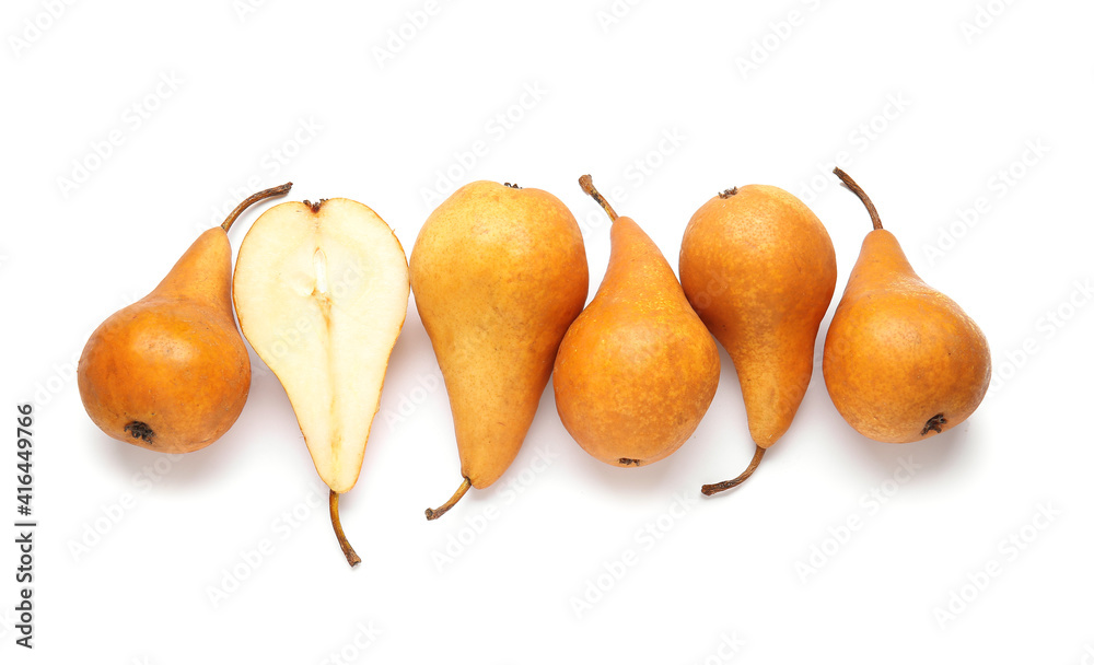 Fresh ripe pears on white background