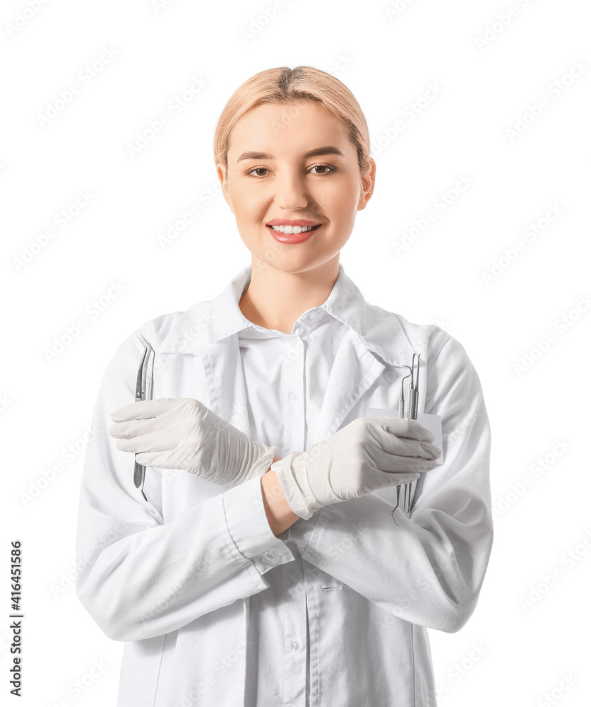 Female dentist on white background