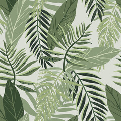 Wall Mural - Seamless tropical pattern with exotic palm leaves and various plants on light background.