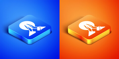 Poster - Isometric Meditation icon isolated on blue and orange background. Square button. Vector.