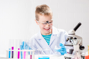 Wall Mural - a schoolboy with a microscope examines chemicals in test tubes, conducts experiments - a portrait on