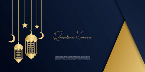 Ramadan Kareem vector card with 3d blue golden metal crescent, hanging stars, paper cut clouds, mosque. Arabic style arch with traditional pattern. Copy space. 