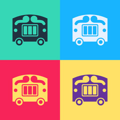 Sticker - Pop art Circus wagon icon isolated on color background. Circus trailer, wagon wheel. Vector.