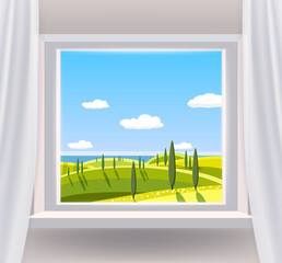 Wall Mural - Open window interior home with a rural landscape view nature. Country spring summer landscape from view the window of green meadow fields panorama. Vector illustration flat cartoon style