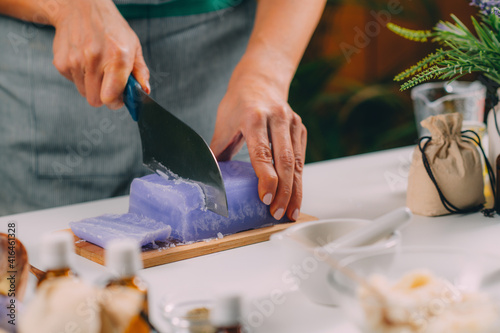 Obraz Dibond Homemade Soap, Cutting Soap Base at Home.