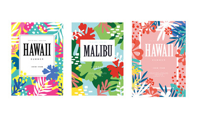 Sticker - Malibu, Hawaii Banner Templates Set, Tropical Summer Poster, Card, Background, Flyer, Invitation with Exotic Seamless Pattern Vector Illustration