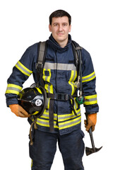 Young brave man in uniform of fireman holds axe and hardhat in his hands and looking at camera isolated on white background