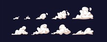 Movement Of Cartoon Steam Cloud Puffs Or Smoke Of Different Shapes And Sizes. Isolated Smoky Cumulus Elements Of Gas Explosions, Dust Or Vapor. Colored Flat Vector Illustration Of Fume Animation