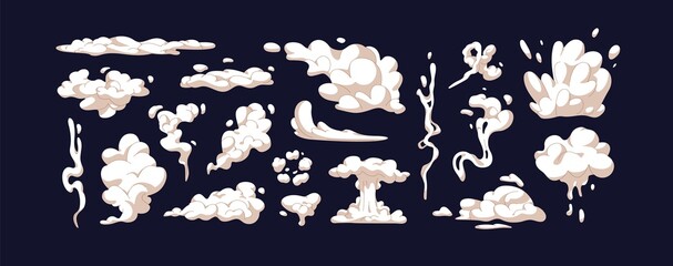 Set of smokes and steam cloud puffs of different shapes. Collection of isolated icons of air trail, dust, explosion, smog, bang, boom, sprite and bubble. Colored flat cartoon vector illustration