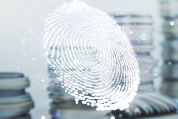 Poster - Abstract virtual fingerprint hologram on stacks of coins background. Multiexposure