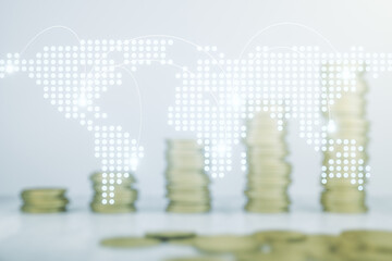 Poster - Abstract virtual world map with connections on stacks of coins background, international trading concept. Multiexposure