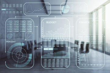 Poster - Abstract virtual stats data hologram on a modern conference room background. Multiexposure