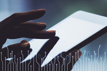 Poster - Creative abstract micro chip hologram and finger presses on a digital tablet on background, artificial intelligence and machine learning concept. Multi exposure