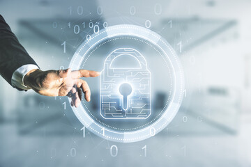 Poster - Double exposure of male hand presses on virtual creative lock hologram with chip on blurred office background. Information security concept