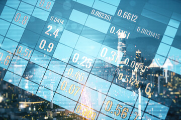 Aufkleber - Abstract virtual analytics data spreadsheet on San Francisco cityscape background, analytics and analysis concept. Multiexposure