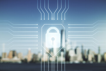Aufkleber - Virtual creative lock illustration with microcircuit on blurry skyscrapers background, cyber security concept. Multiexposure