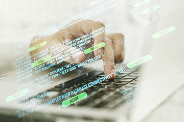 Poster - Abstract creative coding illustration with hands typing on laptop on background, software development concept. Multiexposure