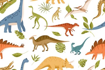 Poster - Seamless pattern with dinos and leaves on white background. Kids design of endless texture of Jurassic park with various dinosaurs. Flat cartoon vector illustration for printing