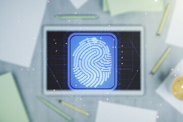 Poster - Multi exposure of abstract graphic fingerprint sketch and modern digital tablet on desktop on background, top view, fingerprint scan data concept