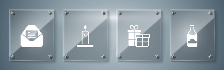 Sticker - Set Champagne bottle, Gift box, Burning candle and Christmas party invitation card. Square glass panels. Vector.