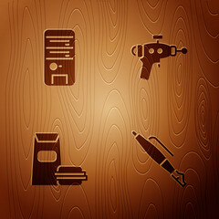 Poster - Set Fountain pen nib, Computer, Burger and Ray gun on wooden background. Vector.
