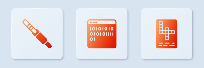 Sticker - Set Binary code, Audio jack and Crossword. White square button. Vector.